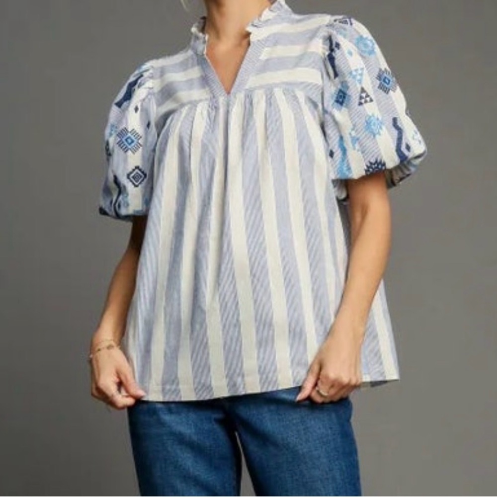 Umgee Blue and White Striped Embroidered Puff-Sleeve Top